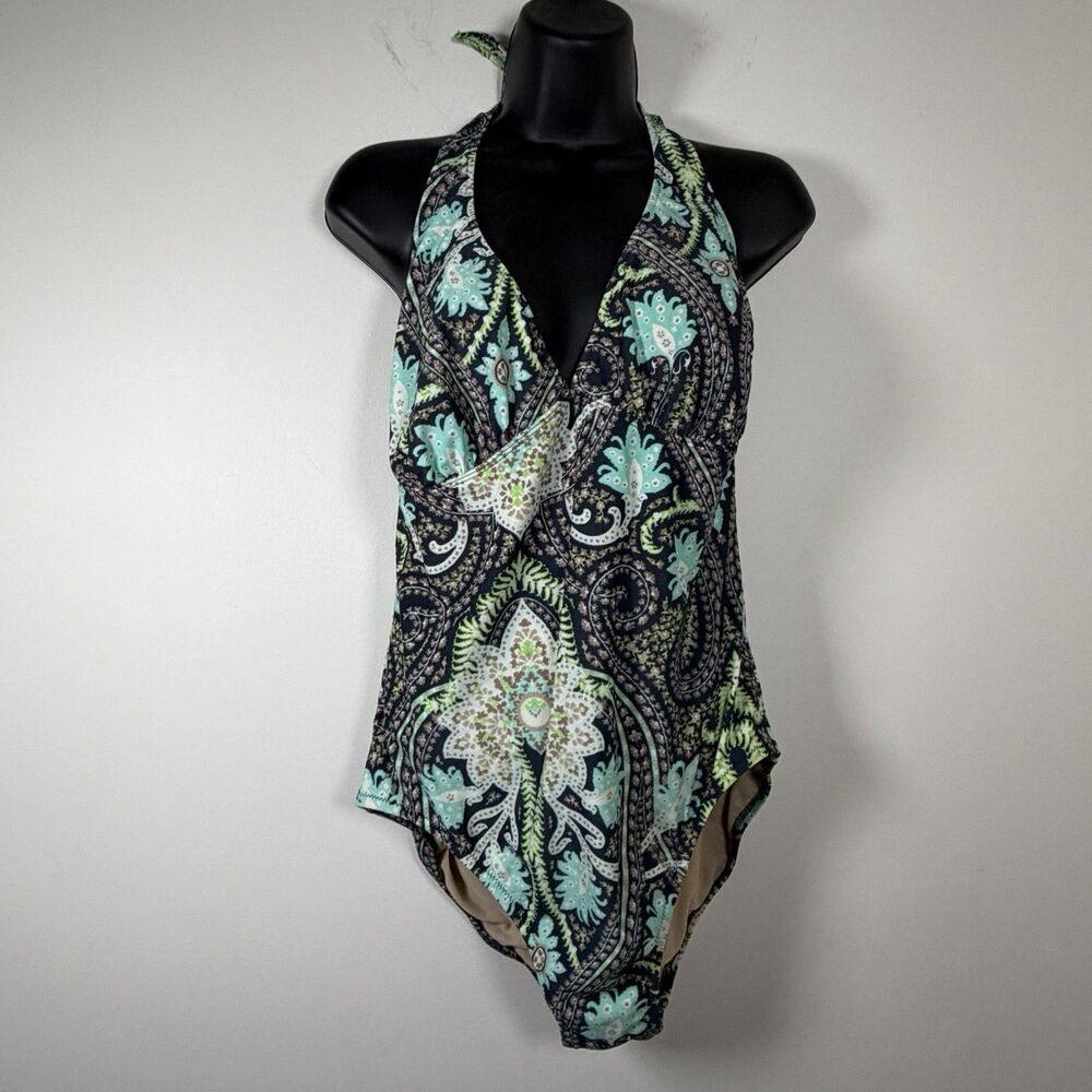 J Crew Blue Green Halter One Piece Swimsuit Size 14